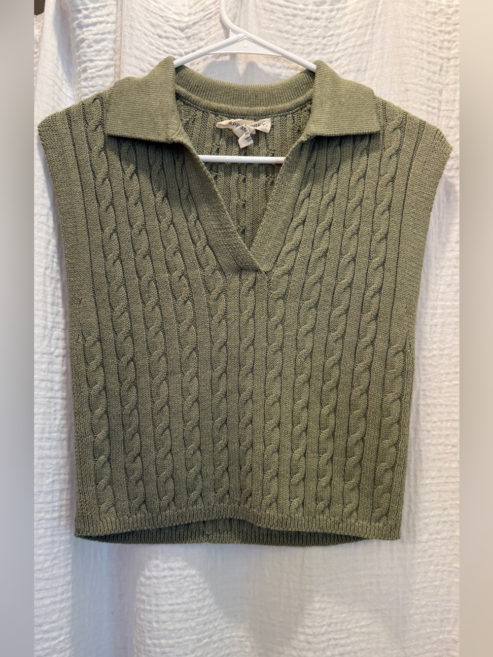 Apparel Grey Olive Green Cable Knit V-Neck Collared Sweater Vest